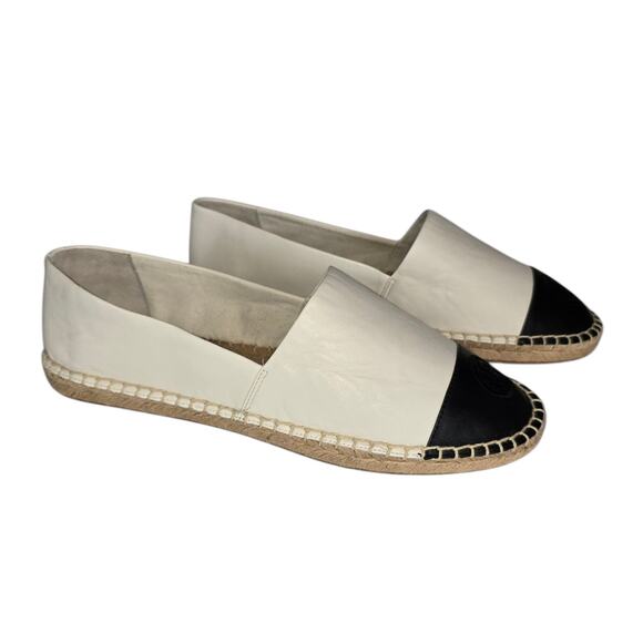 Tory Burch Black White Colorblock Espadrilles Flat Leather Upper Size 10.5 SEE - Picture 1 of 12